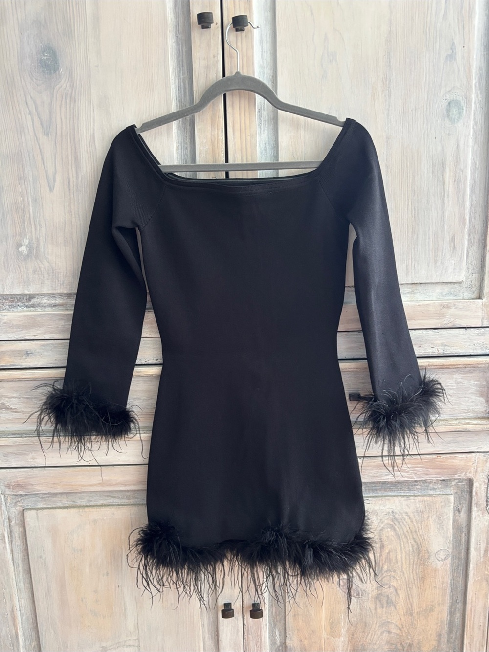 Lucy Paris Black Mini Dress with Feather Trim